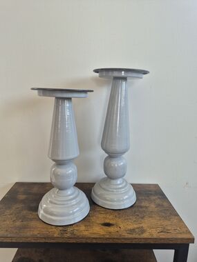 Vintage Gray Painted Enamel Coated Metal Candle Holders Set Of 2